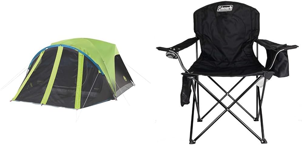 4/6 Person Dark Room Camping Tent with Screened Porch, Folding Beach Chair with Built in Drinks Cooler K35581