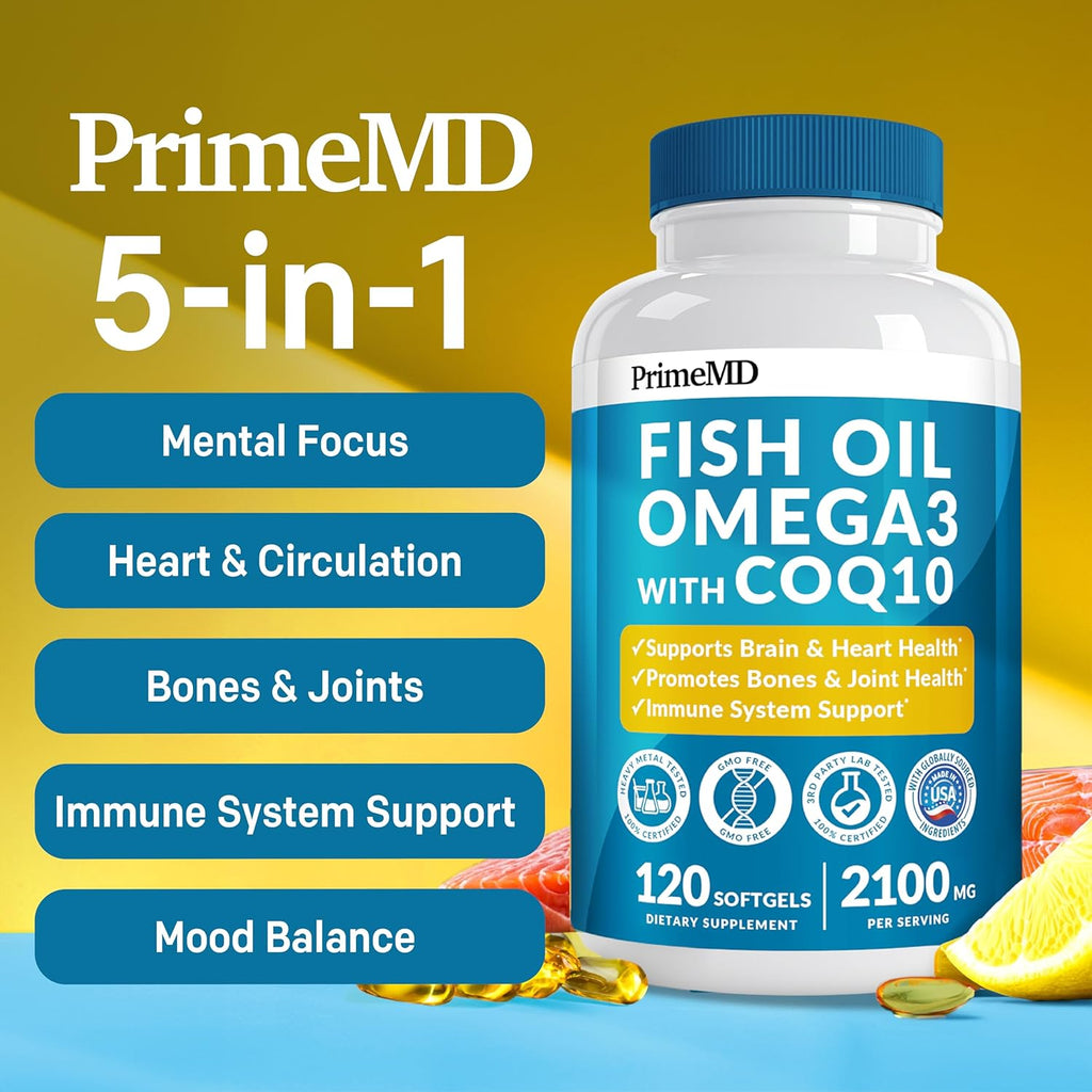 2100mg Omega 3 Fish Oil Supplements with Vitamins D3 & K2 and CoQ10 (120ct) Q12323