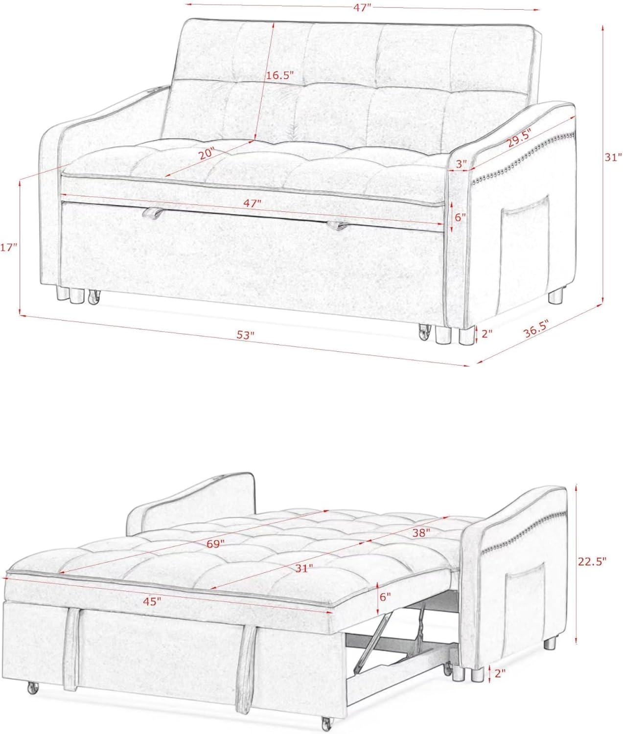 3 in 1 Convertible Sleeper Sofa Couch with Pull Out Bed D56010