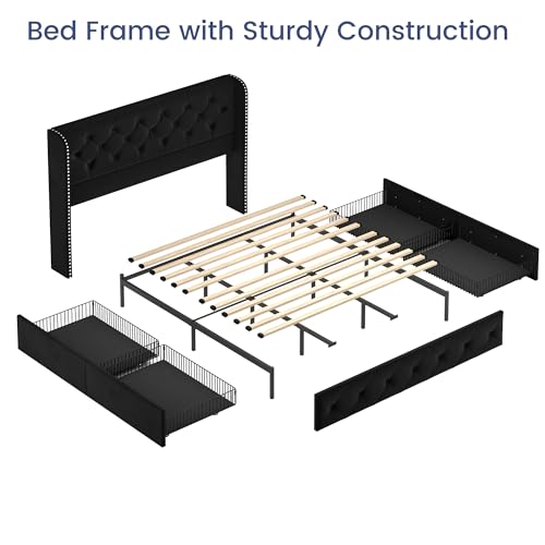 Black Velvet King Size Bed Frame with Storage Drawers and Tufted Headboard W1588