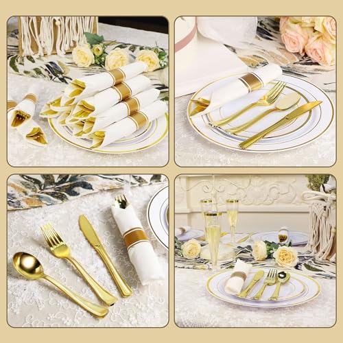 350PCS Gold Plastic Dinnerware Set with 100 Plates, 50 Cups, 50 Spoons, 50 Forks, 50 Knives U9314