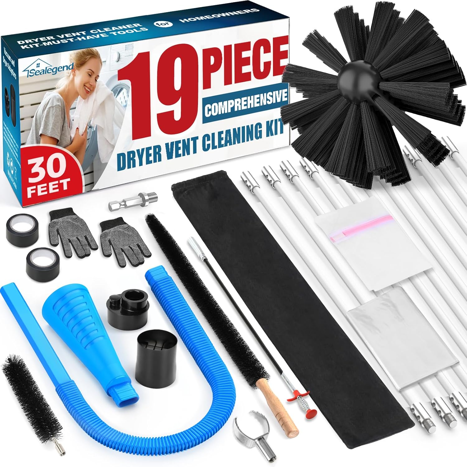 19-Piece Blue Dryer Vent Cleaner Kit with 30Feet Brush I18309