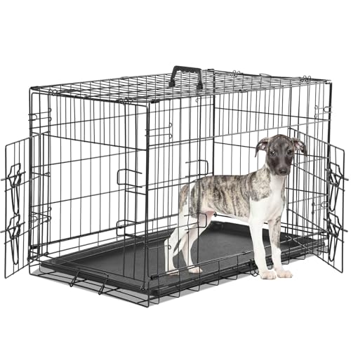 Large 36 Inch Double Door Folding Metal Wire Dog Crate with Divider Panel and Plastic Leak-Proof Pan Tray P323
