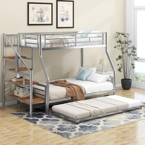 Silver Metal Twin Over Full Bunk Bed with Trundle and Stairs A1578