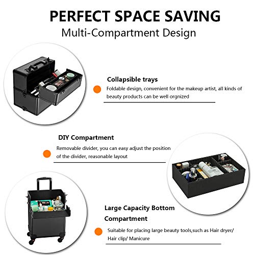 2 in 1 Rolling Makeup Train Case, Travel Makeup Organizer Cosmetic Display Case, Aluminum Cosmetology Supply Suitcase on Wheels, Beauty Storage Luggage Lockable w/4 Removable Wheels (Black) M599