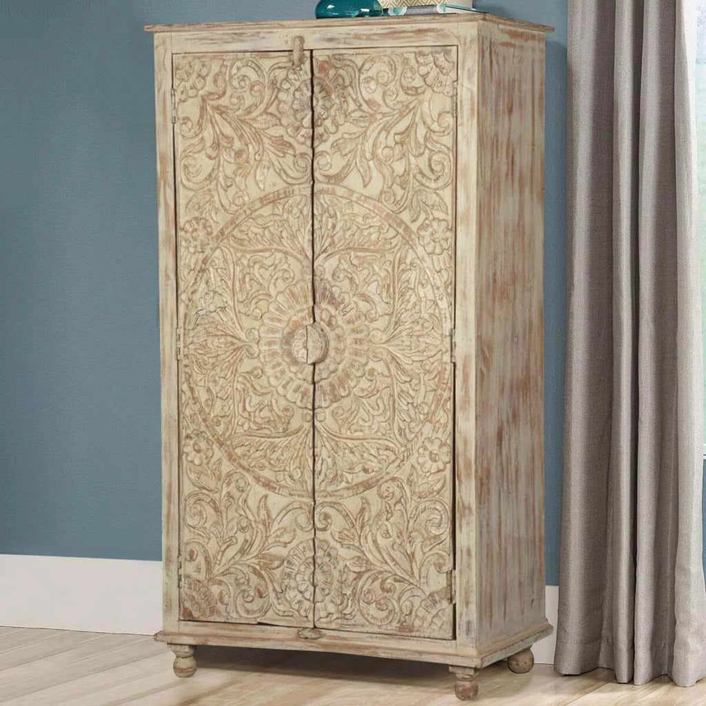 Solid Wood Distressed White Armoire with Shelves N473