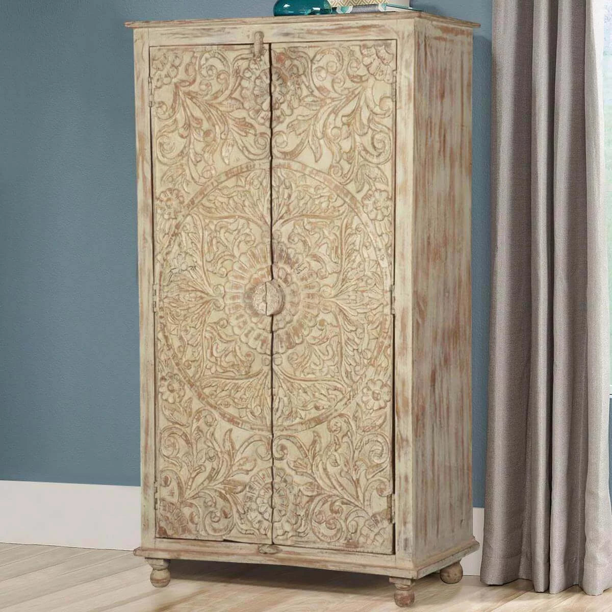 Solid Wood Distressed White Armoire with Shelves N473