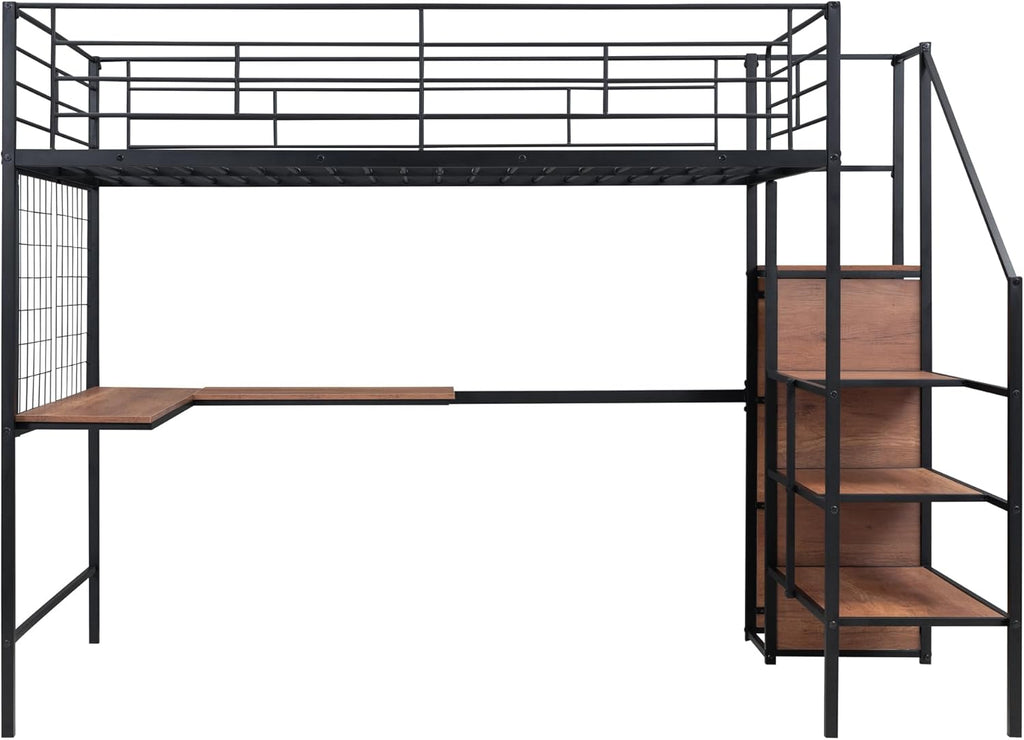 Black Full Size Loft Bed with Desk and Storage Stairs and Wardrobe F54504