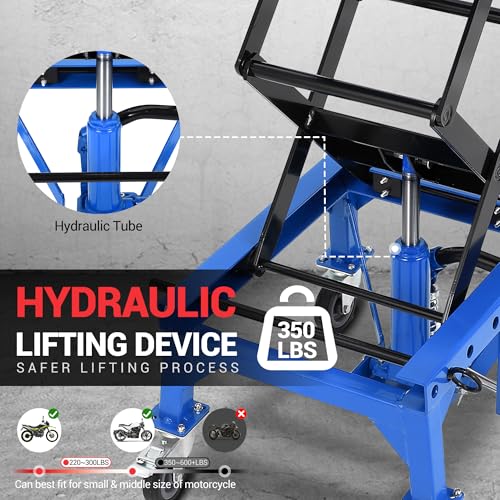 Hydraulic Motorcycle Lift Jack 350LBS, Foot Operated Scissor Lift Table, Heavy-Duty Steel Stand with Safety Lock & Wheels, 13.78-34.25" Height Adjustable, Oil Drain Hole N48679