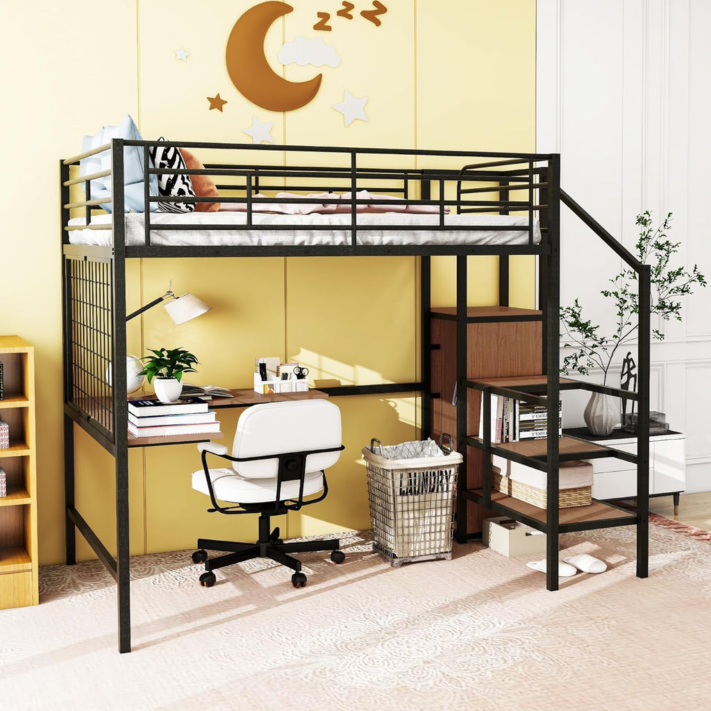 Black Full Size Loft Bed with Desk and Storage Stairs and Wardrobe F54504