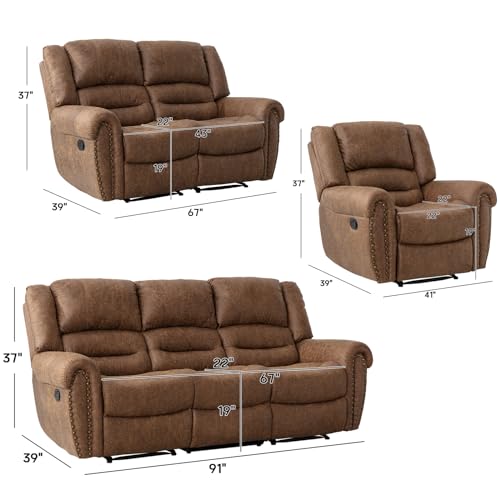 Manual Recliner Sofa Set, 2 Pieces, Nut Brown I799082