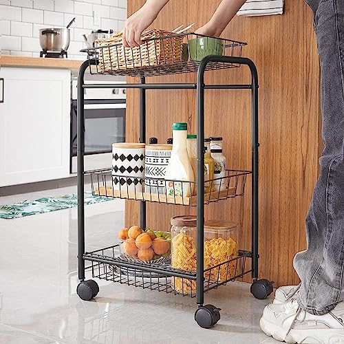 Black 3-Tier Metal Rolling Cart with Baskets and Lockable Handles K867