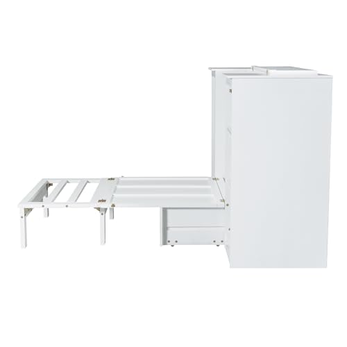 White Twin Size Murphy Bed with Storage Shelves and Wardrobe H51429