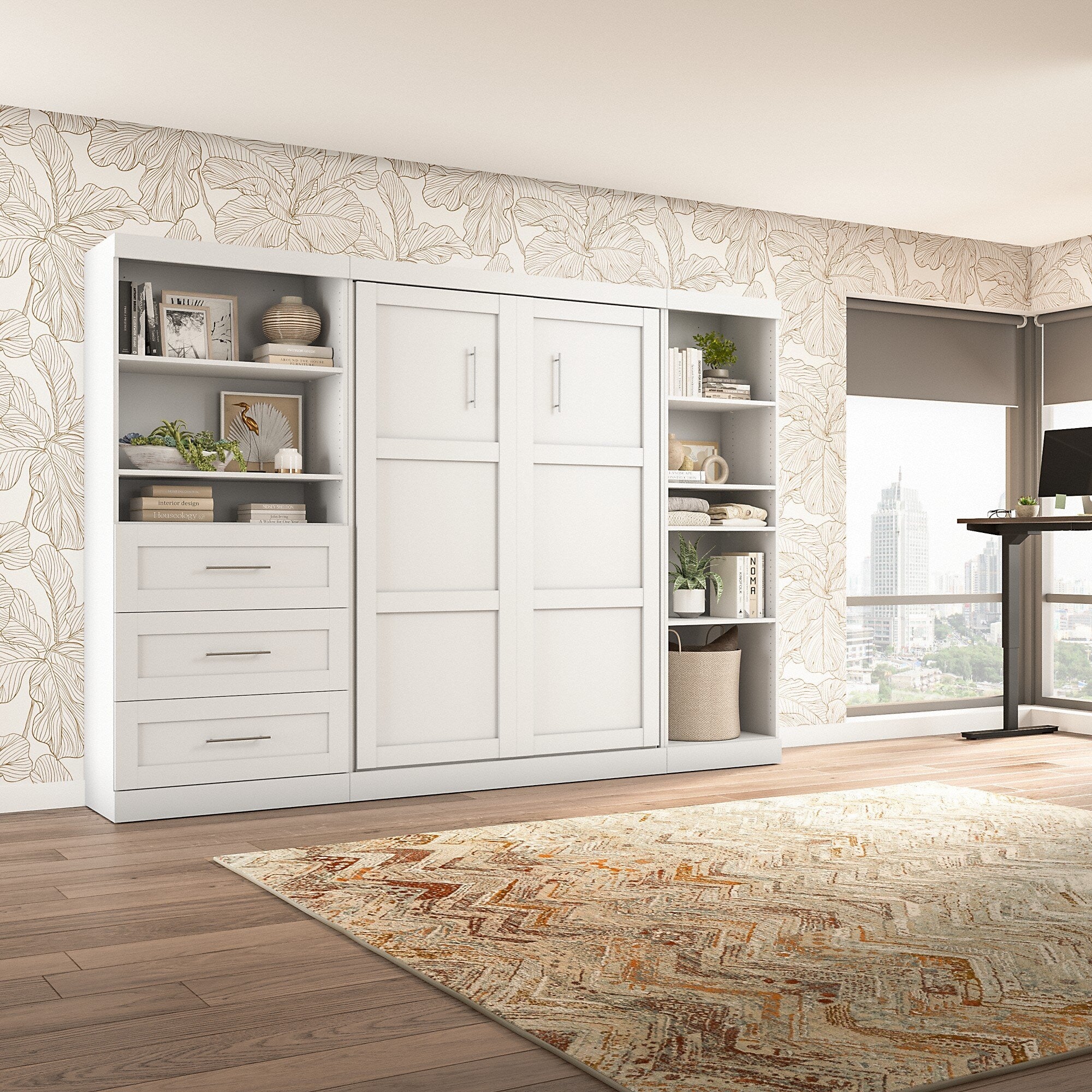 Rustic Brown Full Murphy Bed with Shelving and Drawers M2149