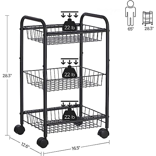 Black 3-Tier Metal Rolling Cart with Baskets and Lockable Handles K867