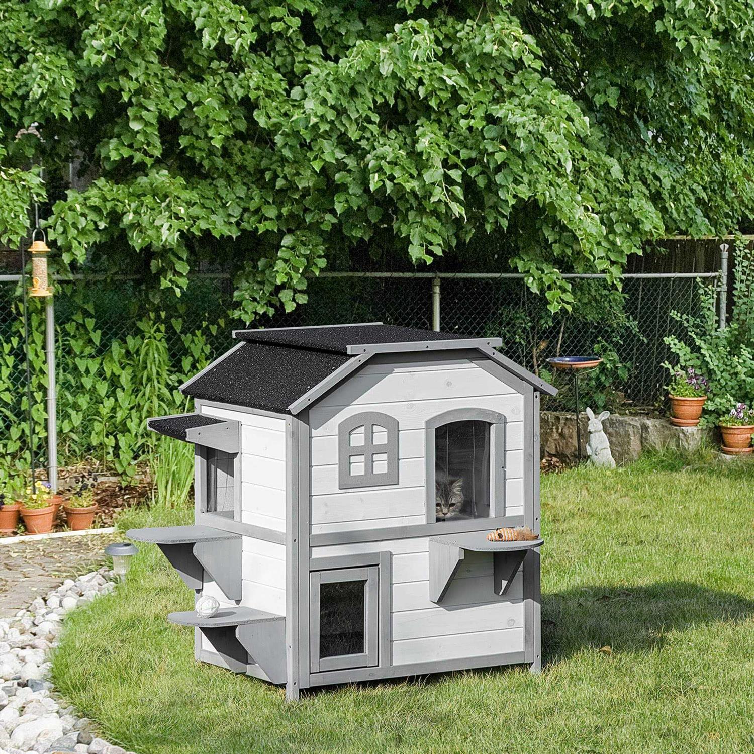 Wooden 2-Story Outdoor Cat House with Escape Door and Openable Roof Platforms V7767