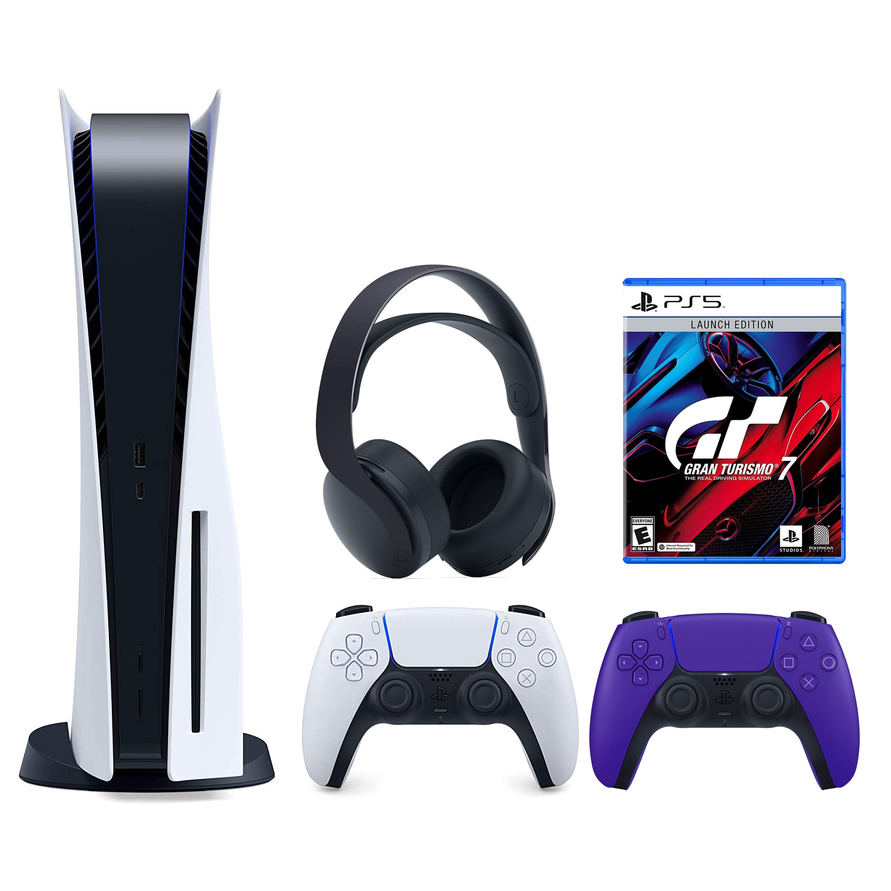 Playstation 5 Disc with Purple Controller, Gran Turismo 7 and Black PULSE 3D Headset Bundle F313809