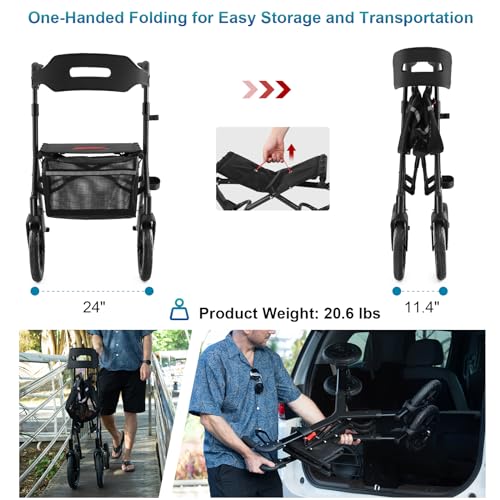 Red 12" Big Rubber Wheels Rollator Walker with Seat T73182