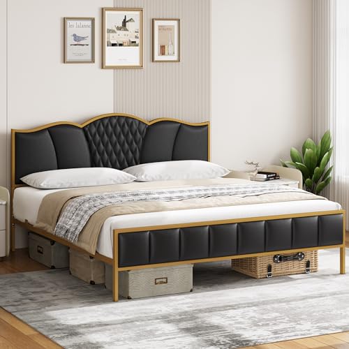 King Faux Leather Platform Bed Frame with Headboard R24364