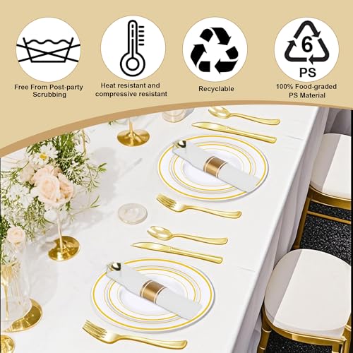350PCS Gold Plastic Dinnerware Set with 100 Plates, 50 Cups, 50 Spoons, 50 Forks, 50 Knives U9314