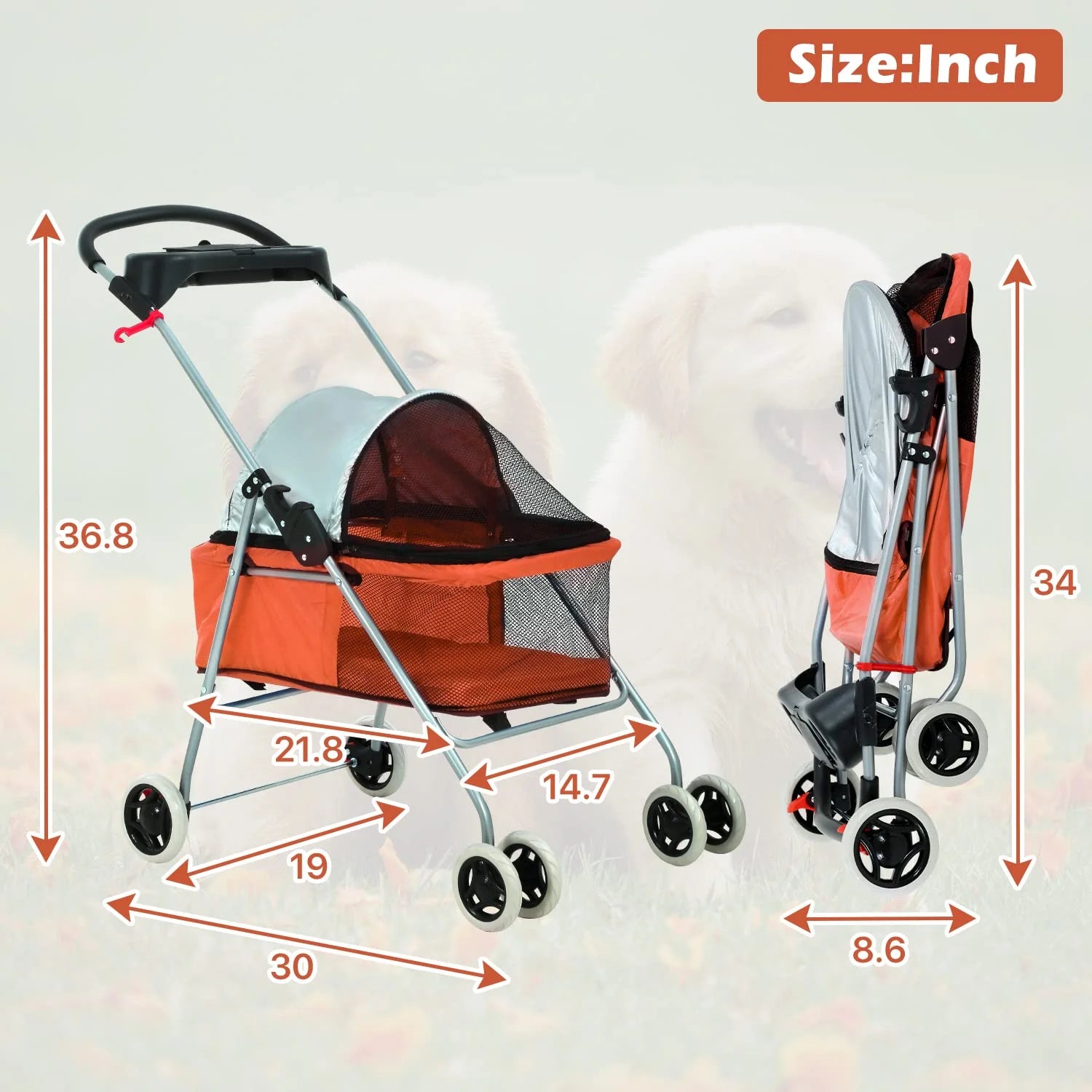 Orange Folding Dog Stroller with 4 Wheels B370