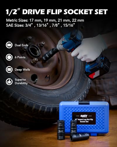 5pc 1/2" Drive Impact Flip Socket Set with Metric 17 19 21 22 mm & SAE 3/4 13/16 7/8 15/16 in. Sockets G436