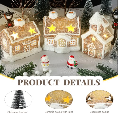 17pcs LED Christmas Gingerbread Village Sets 3 Ceramic Gingerbread Houses 2 Birch Trees 10 Pine Trees 2 Streetlight Christmas Figurines Q822