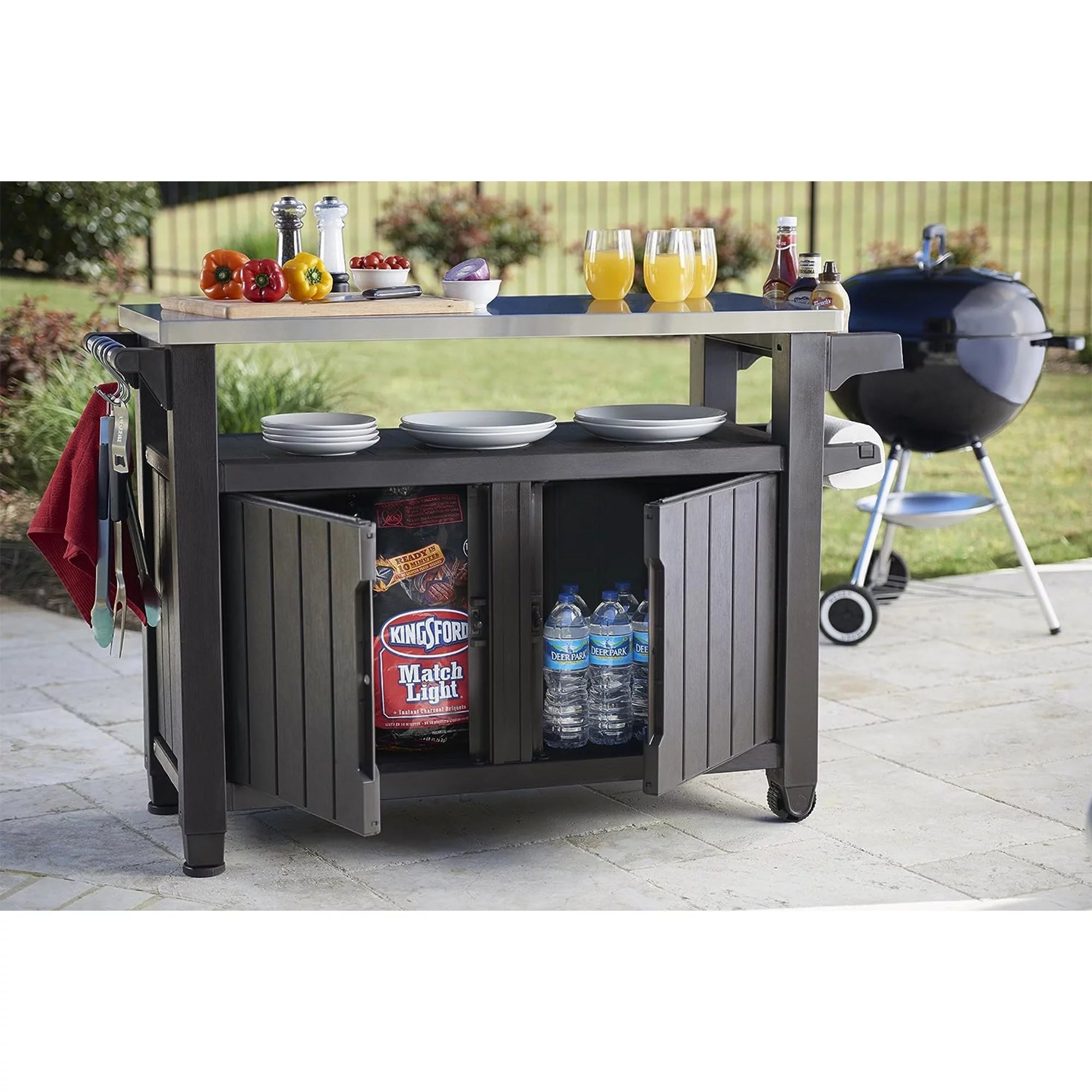 Brown Outdoor Kitchen Bar Rolling Cart with Storage Cabinet A2980