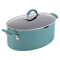 Hard Enamel Nonstick 8-Quart Covered Oval Pasta Pot with Pour Spout, Agave Blue O9850