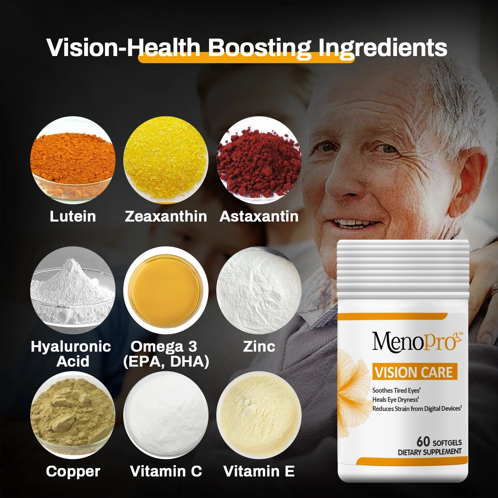 Vision Care Softgels, Lutein, Zeaxanthin, Astaxantin, Hyaluronic Acid, Omega 3, Zinc, Copper, Vitamin C, Vitamin E, 60 ct E777
