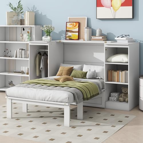 White Twin Size Murphy Bed with Storage Shelves and Wardrobe H51429
