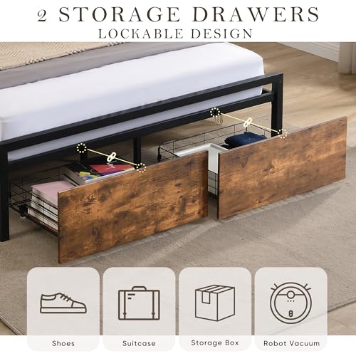 Black Queen Storage Headboard with 2 Drawers Platform Bed D205