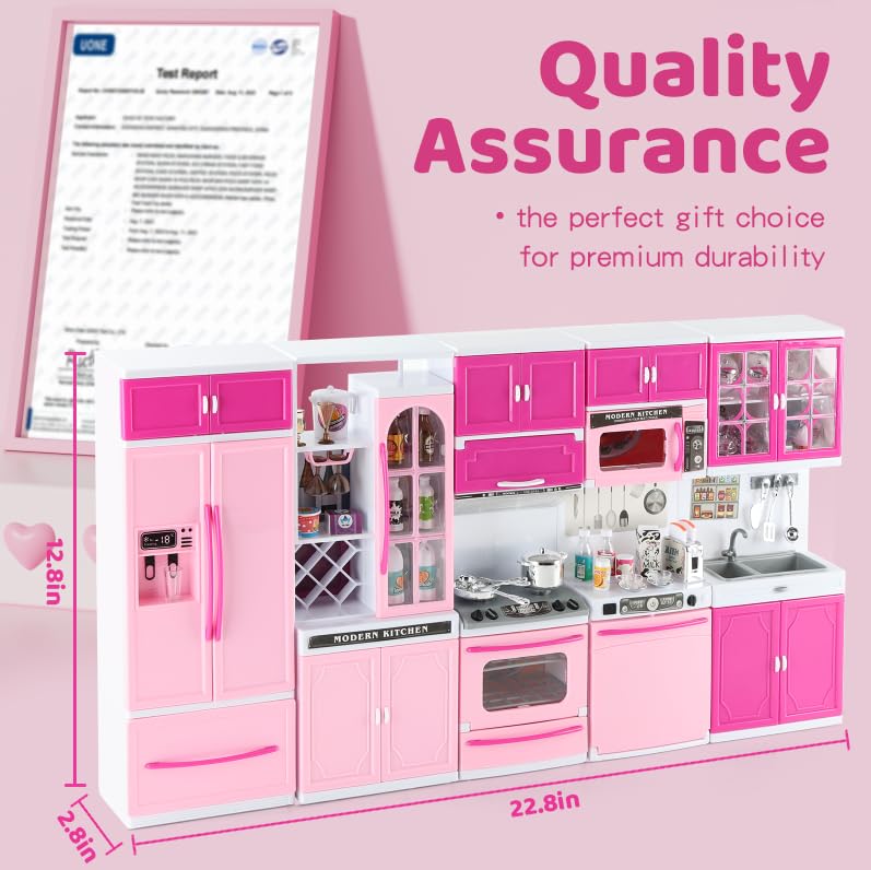 64 PCS Pink Kitchen Toys with Lights Sounds Doll Playset E410646