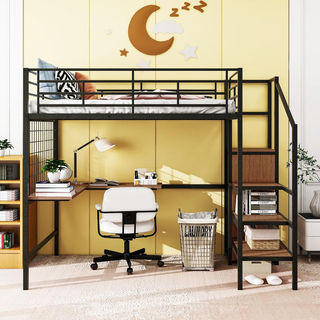 Black Full Size Loft Bed with Desk and Storage Stairs and Wardrobe F54504
