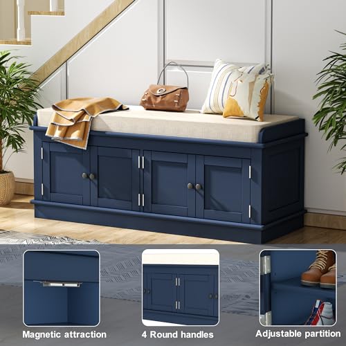 White 43.7" Storage Drawers and 2 Cabinets Shoe Bench with Removable Cushion B9115