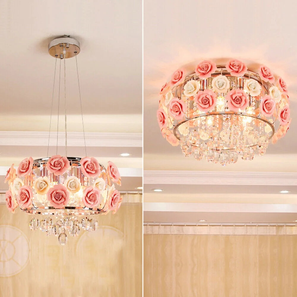 Pink Rose Flower Crystal Pendant Ceiling Lamp O308785