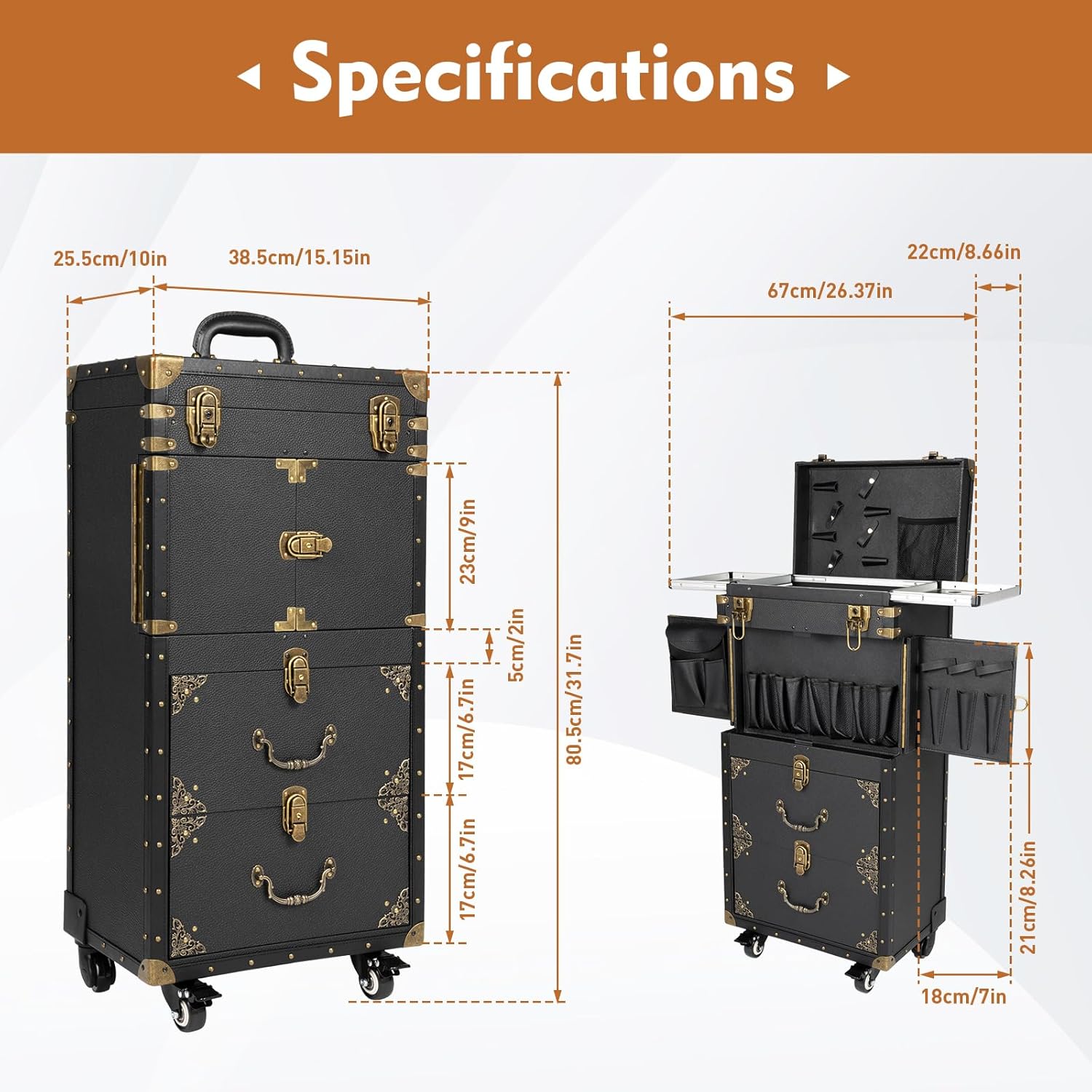 Rolling Makeup Train Case Lockable Cosmetology Case on Wheels Aluminum Alloy I493853
