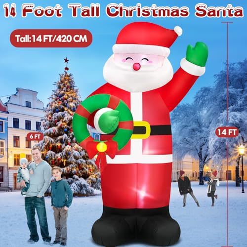 14FT Giant Christmas Inflatables Santa Claus with Wreath Built-in LED Lights U955231