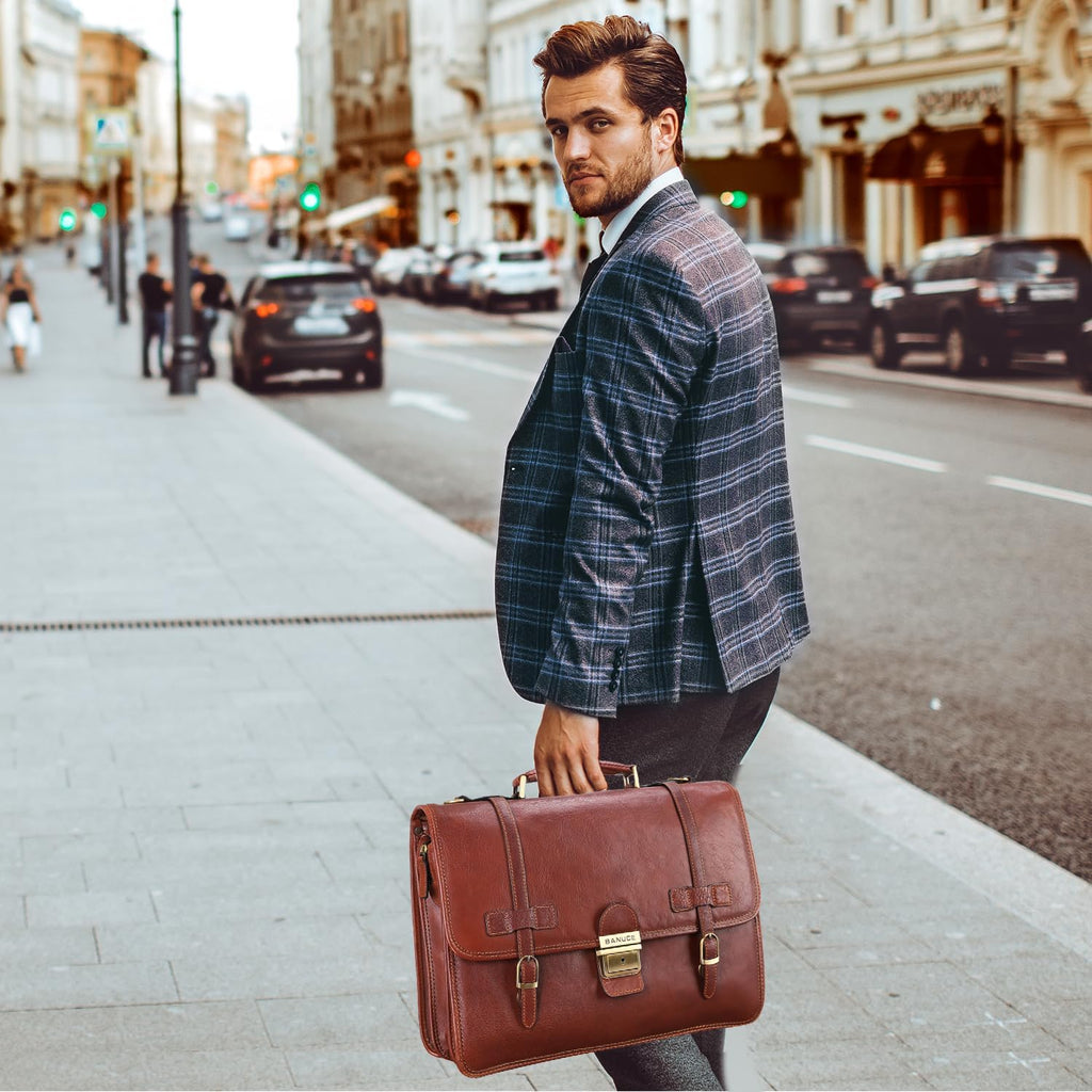 Vintage Genuine Full Grain Italian Leather Briefcase 14 Inch Laptop Bag Brown M910168