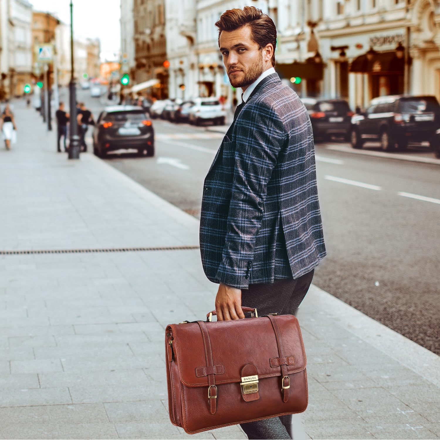 Vintage Genuine Full Grain Italian Leather Briefcase 14 Inch Laptop Bag Brown M910168