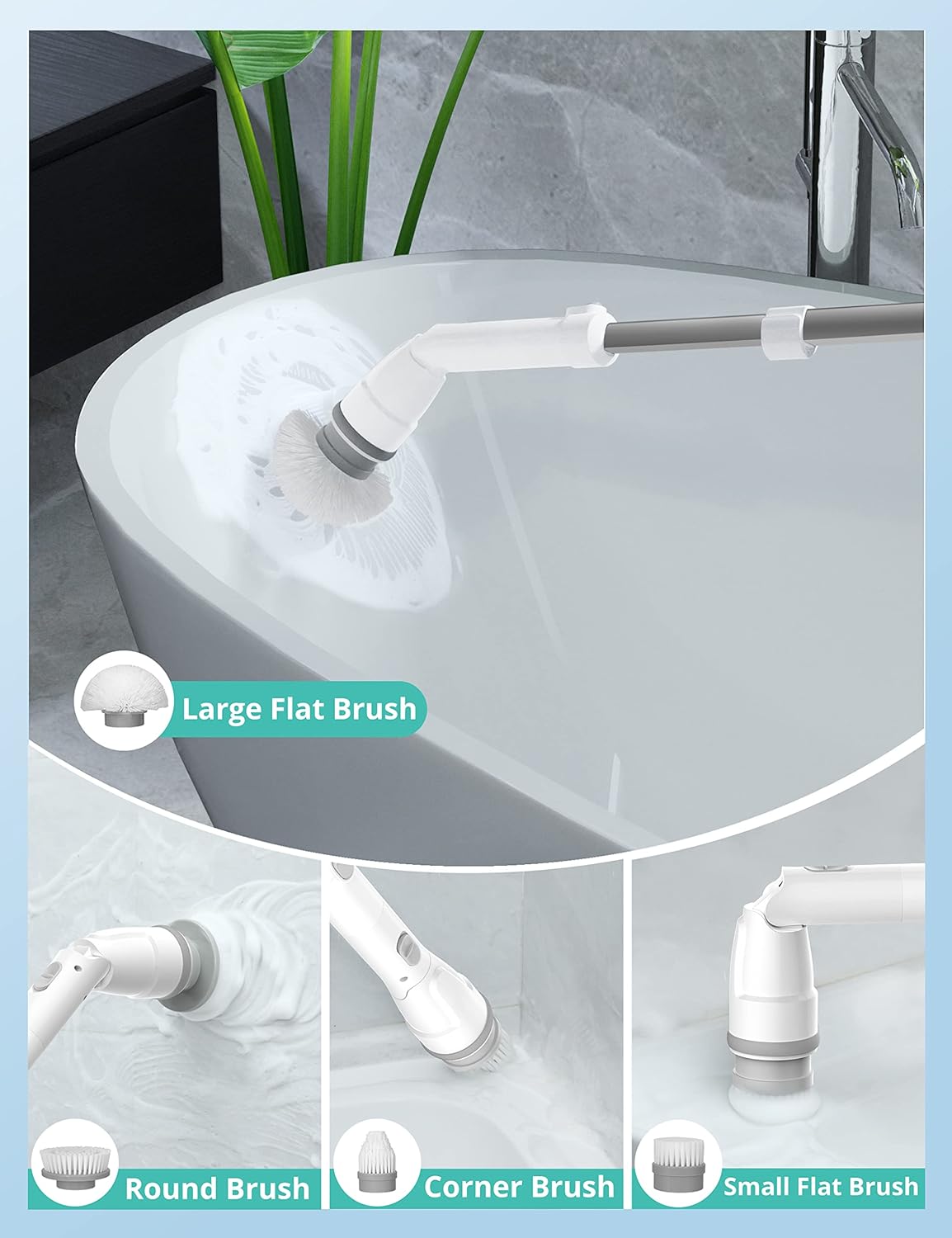 Cordless Electric Spin Scrubber with Adjustable Extension Arm and 4 Replaceable Cleaning Heads H563