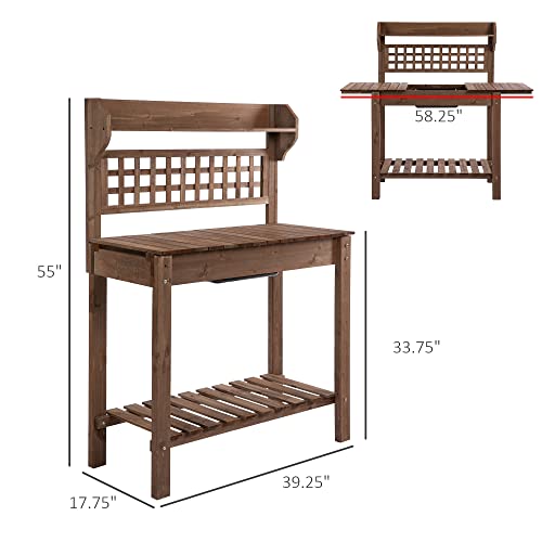 Brown Wooden Potting Bench Table with Sliding Tabletop and Storage Shelf W4219