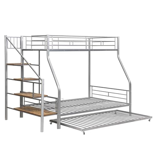 Silver Metal Twin Over Full Bunk Bed with Trundle and Stairs A1578