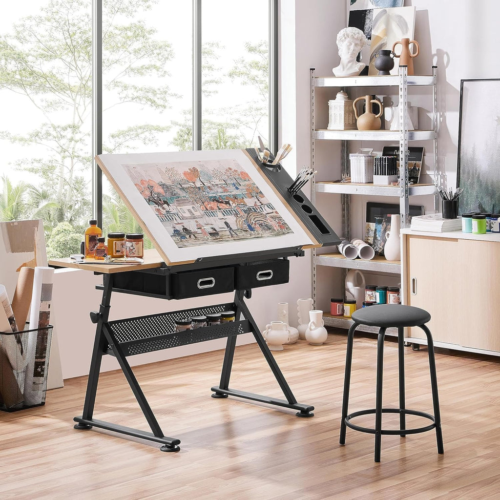 Height Adjustable Drafting Table with Tilting Tabletop and Storage Drawers Q743771