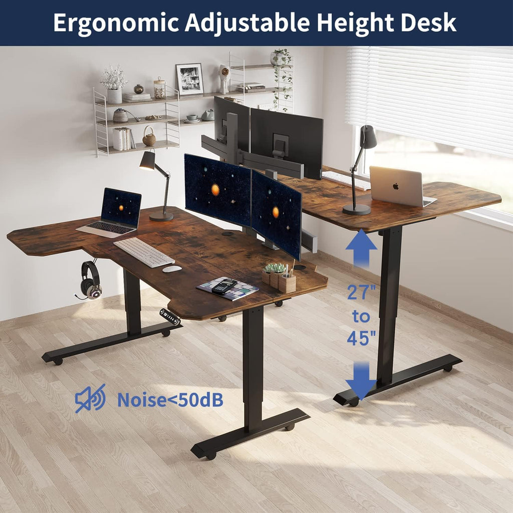 L Shaped Electric Height Adjustable Standing Desk with Black Frame & Rustic Brown Top K498
