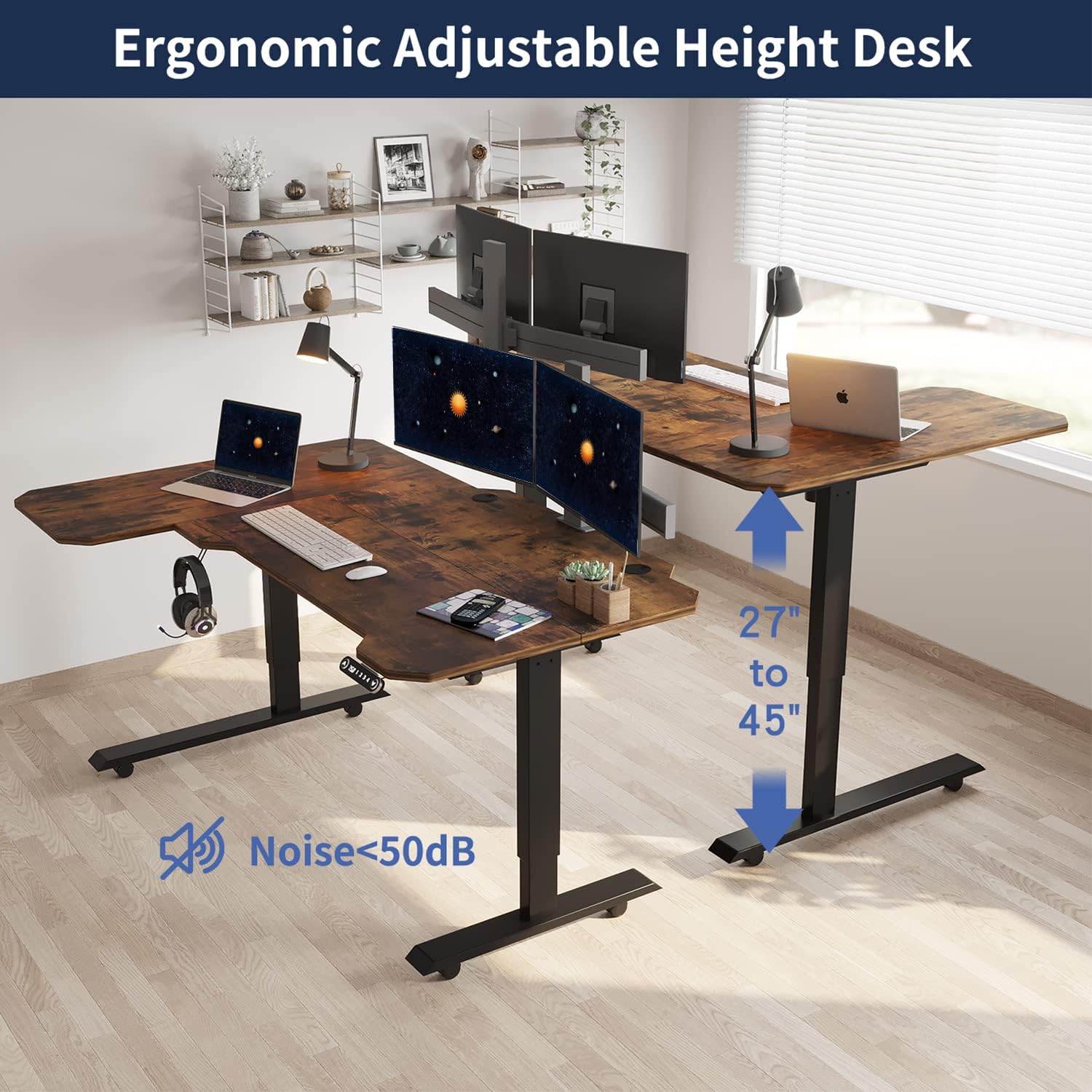 L Shaped Electric Height Adjustable Standing Desk with Black Frame & Rustic Brown Top K498