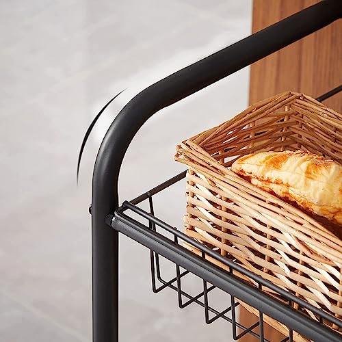 Black 3-Tier Metal Rolling Cart with Baskets and Lockable Handles K867