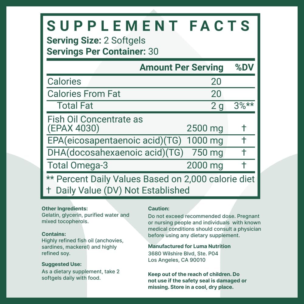 Extra Strength 2500mg Omega 3 Fish Oil Supplement, 60 Softgels G926