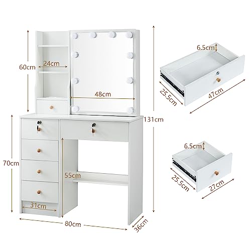 White 5 Drawer Vanity Desk with LED Lights and Mirror A643