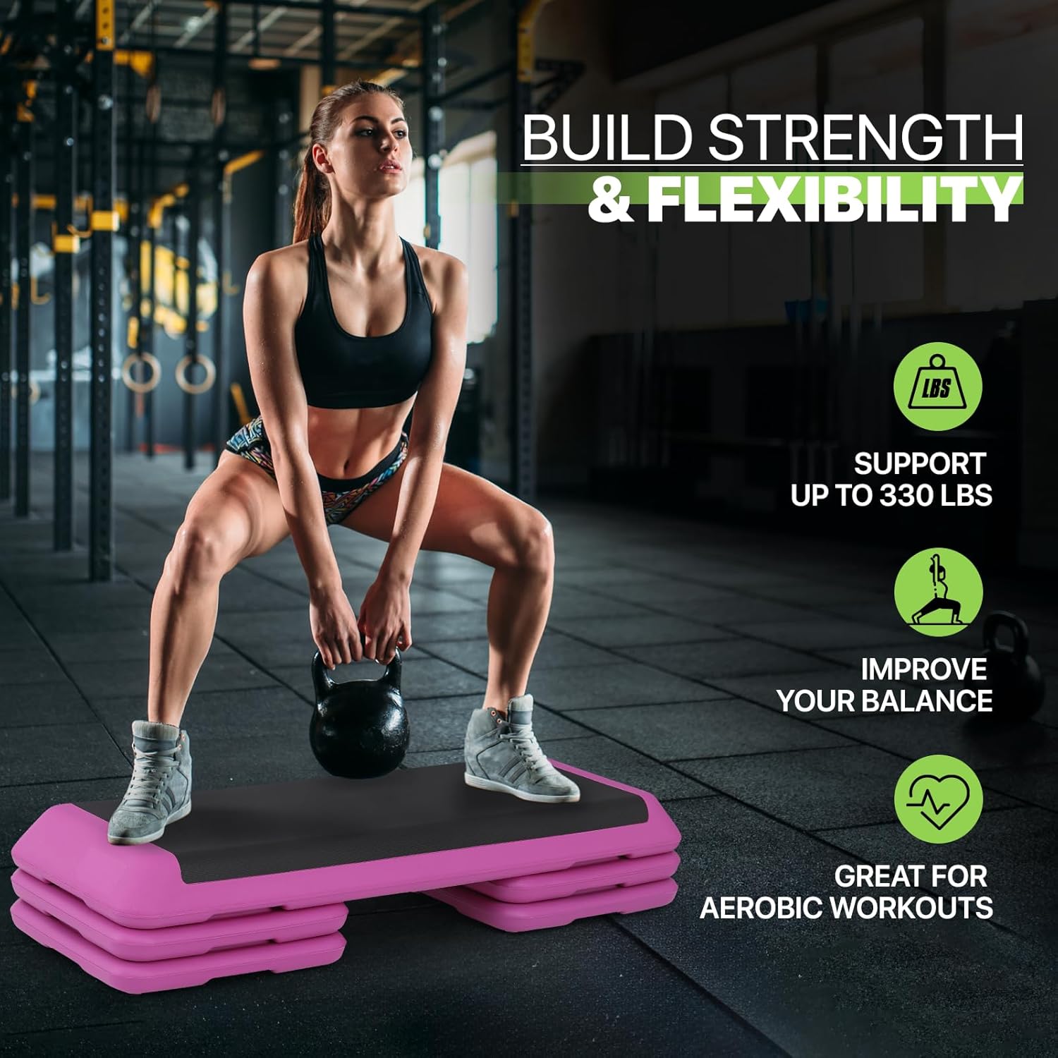 43-Inch Exercise Stepper Platform with Risers, Adjust Height 4 inch - 6 inch - 8 inch, Pink D146636